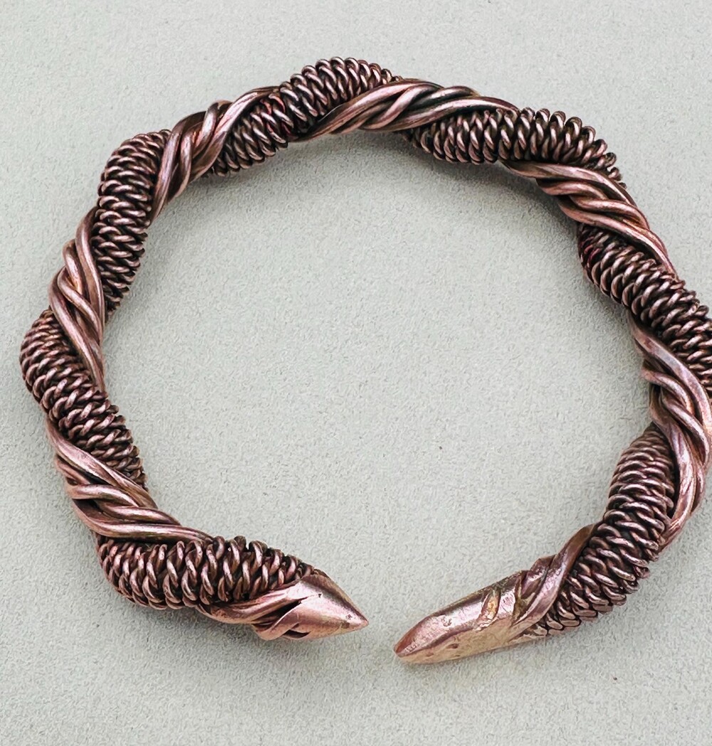 Hand-Woven Solid Copper Snake Torc Bracelet: 3D Twisted Serpent Cuff, Mid-Centur